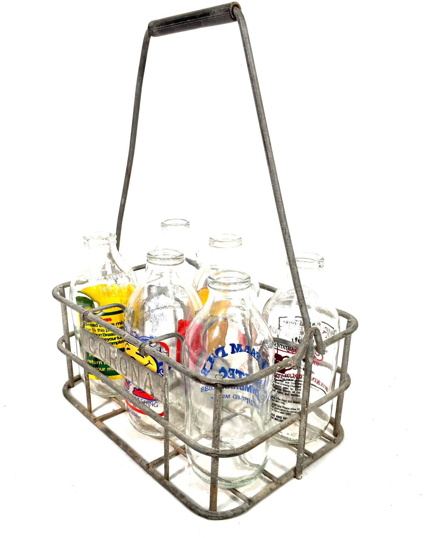 Vintage Advertising - Promotional Glass Milk Bottles in a Wire Basket Carrier