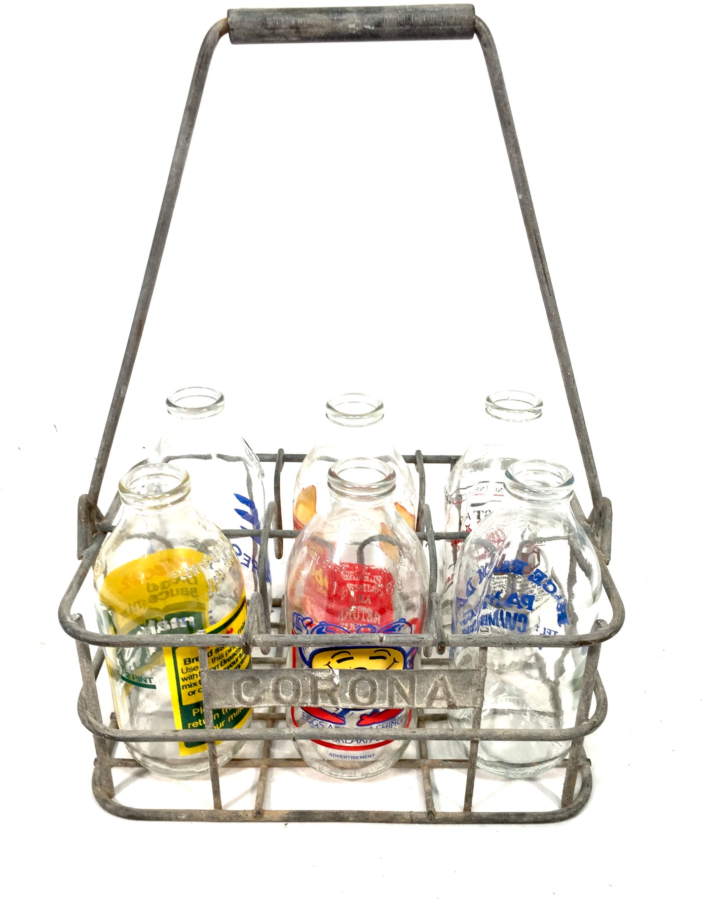 Vintage Advertising - Promotional Glass Milk Bottles in a Wire Basket Carrier