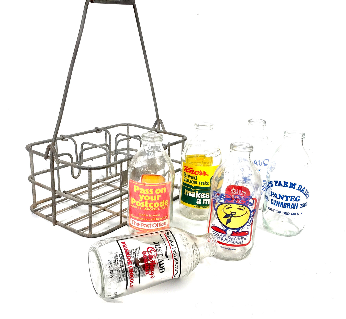 Vintage Advertising - Promotional Glass Milk Bottles in a Wire Basket Carrier