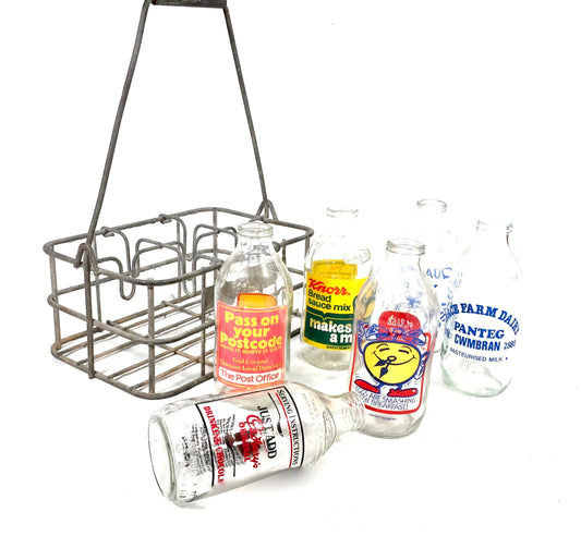 Vintage Advertising - Promotional Glass Milk Bottles in a Wire Basket Carrier