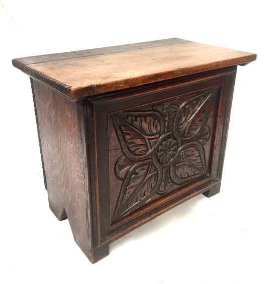 Antique Arts & Crafts Hand Carved Wooden Oak Trunk Box Coffer / Log Coal Storage