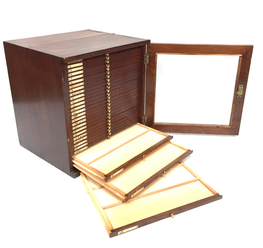 Antique Wooden & Glazed Fronted Tabletop Microscope Slide Collectors Cabinet Box