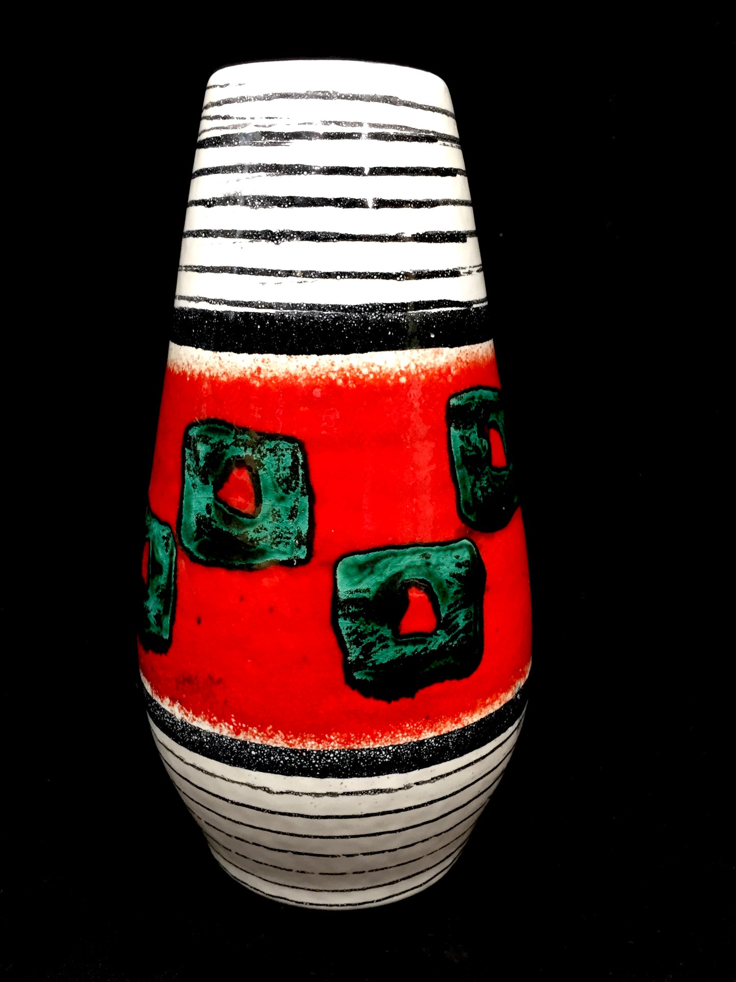 Vintage West German Pottery Vase / Retro 1970s / Red / Green / Black