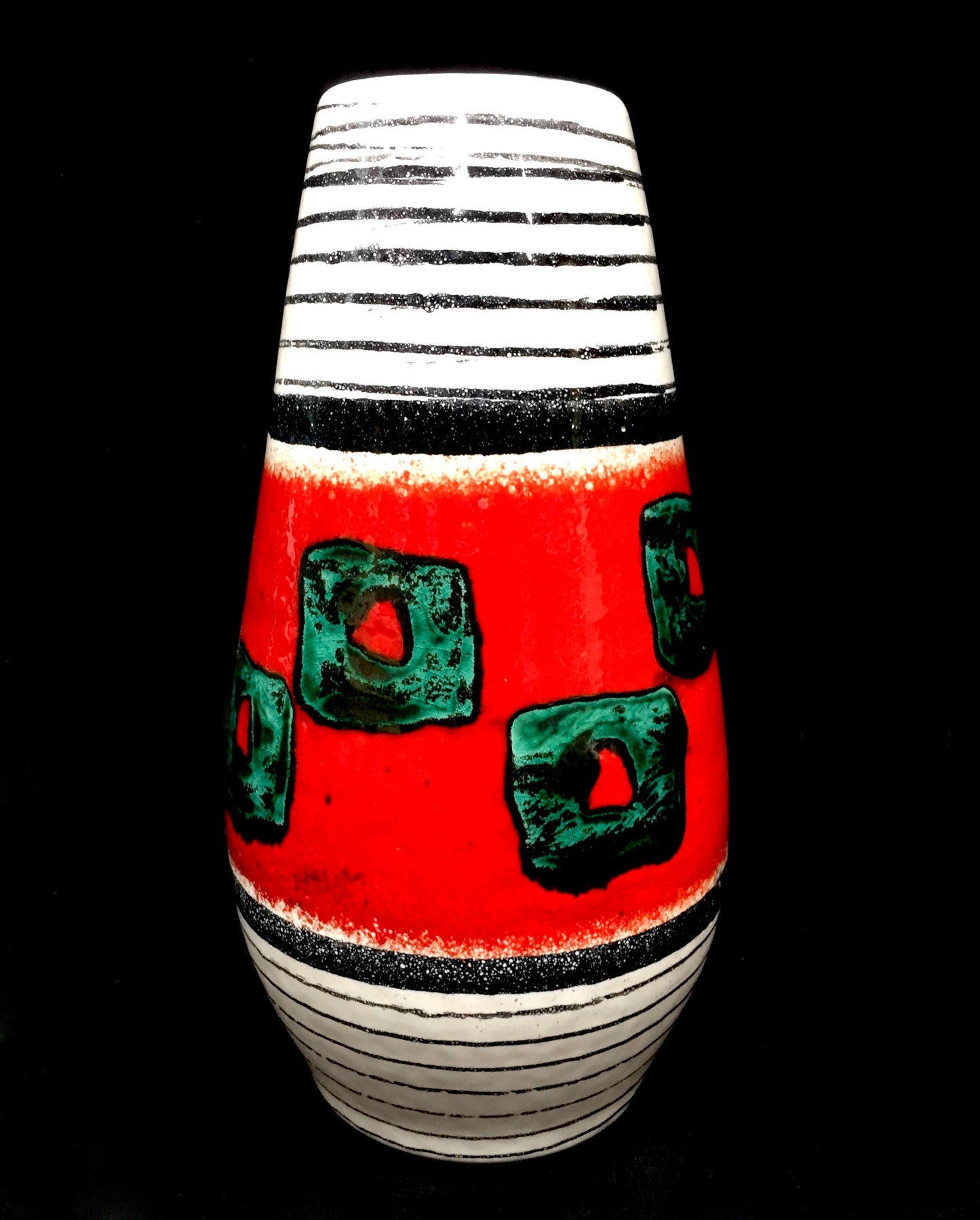 Vintage West German Pottery Vase / Retro 1970s / Red / Green / Black