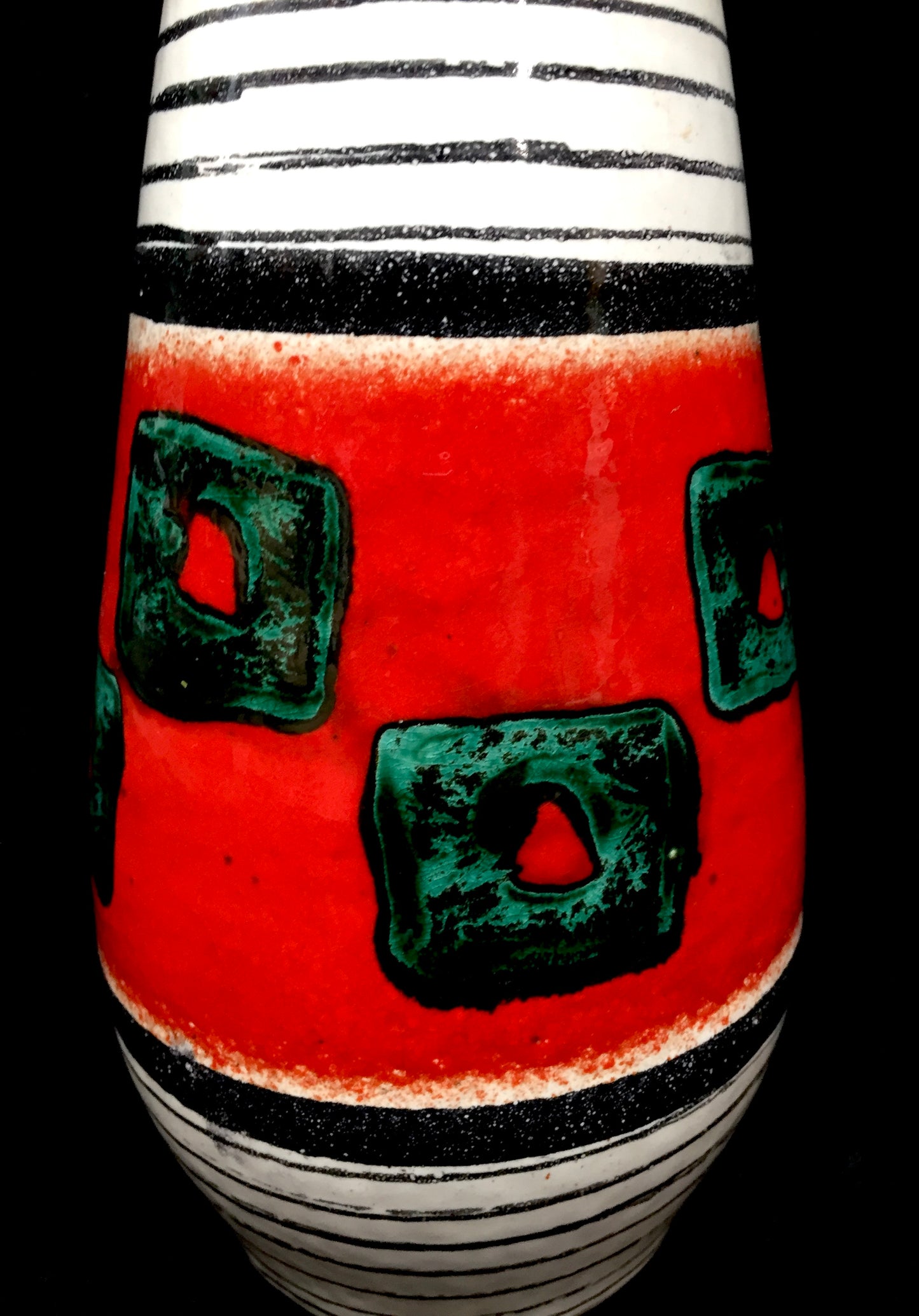 Vintage West German Pottery Vase / Retro 1970s / Red / Green / Black