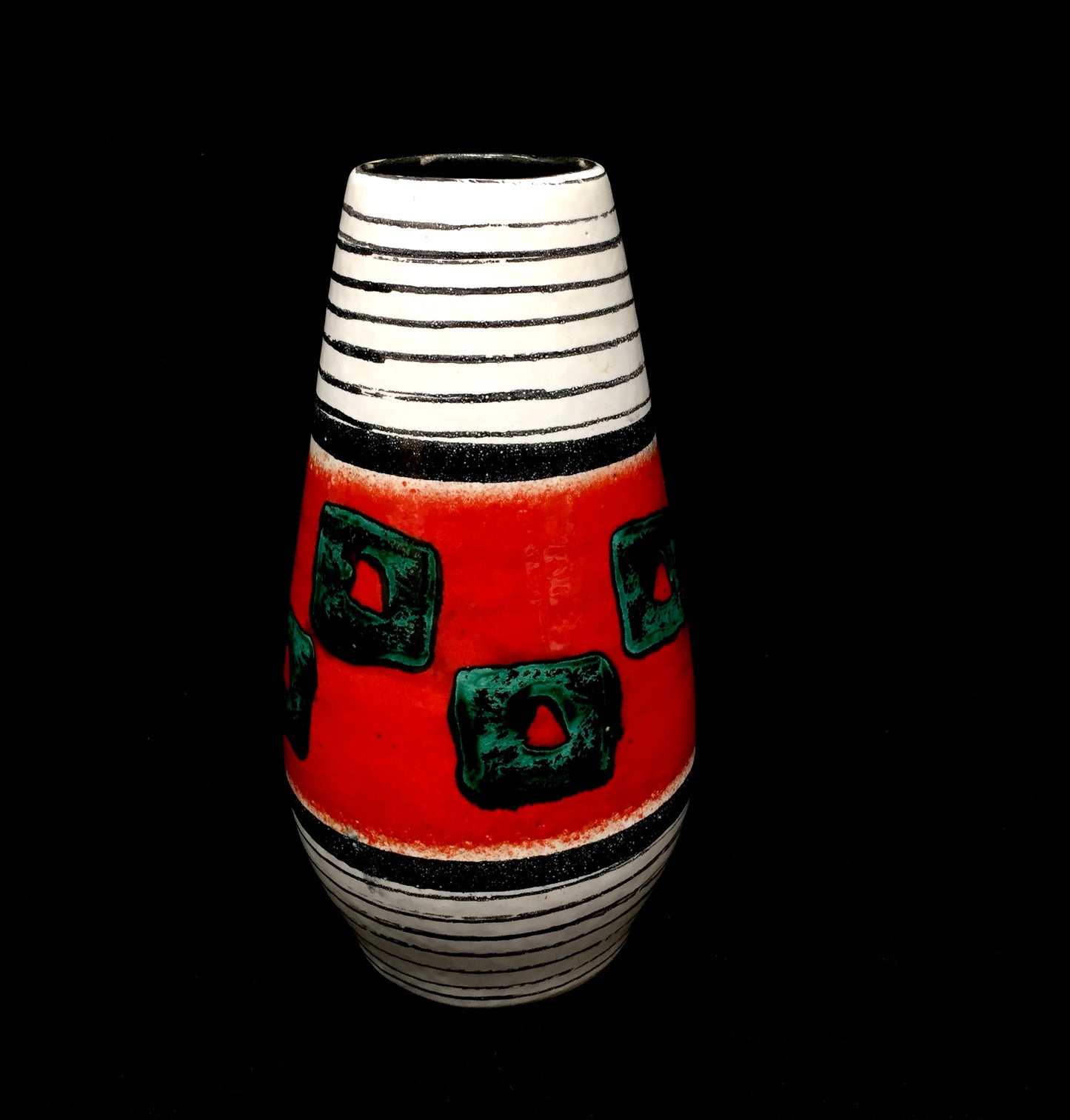 Vintage West German Pottery Vase / Retro 1970s / Red / Green / Black