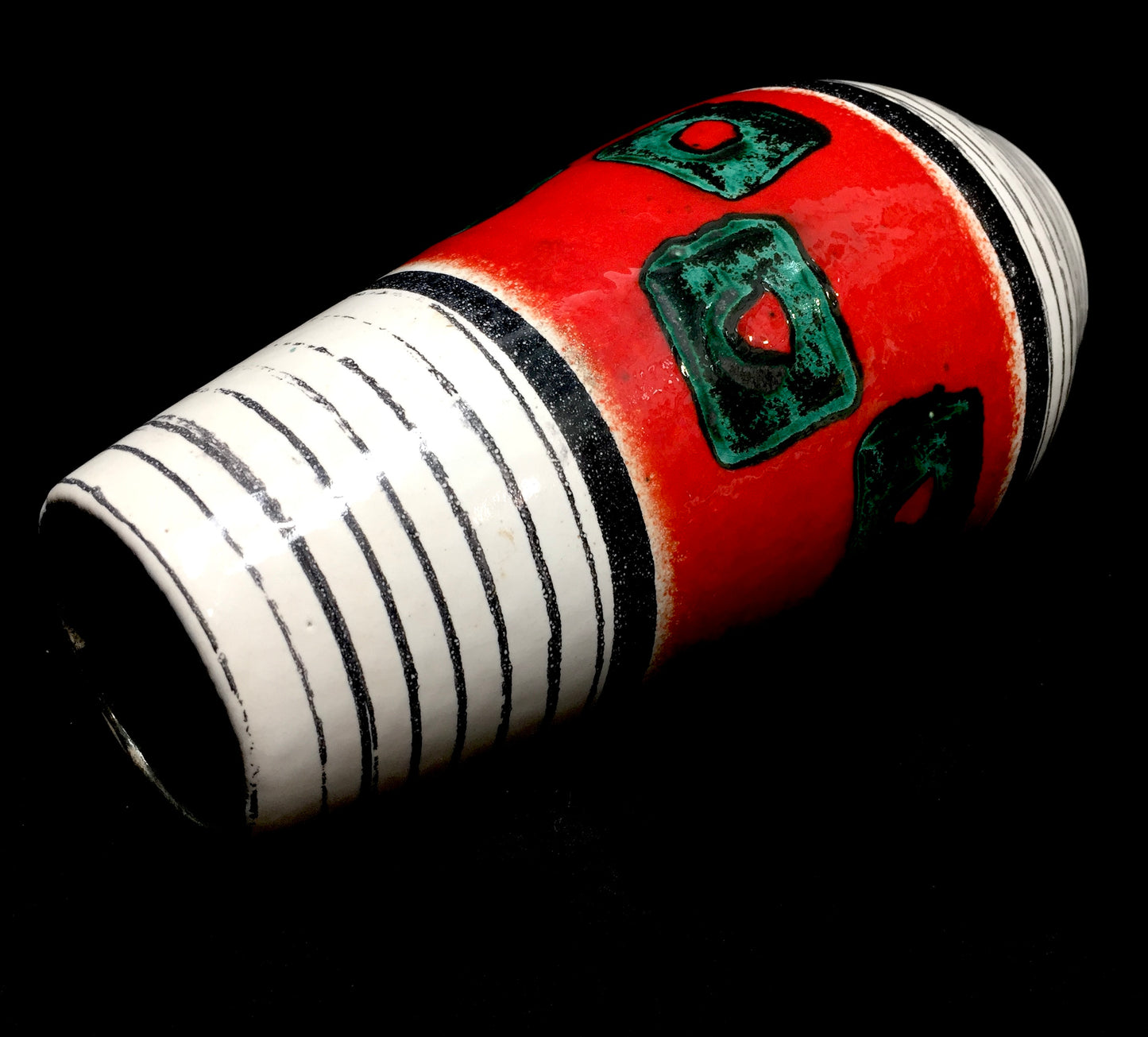 Vintage West German Pottery Vase / Retro 1970s / Red / Green / Black