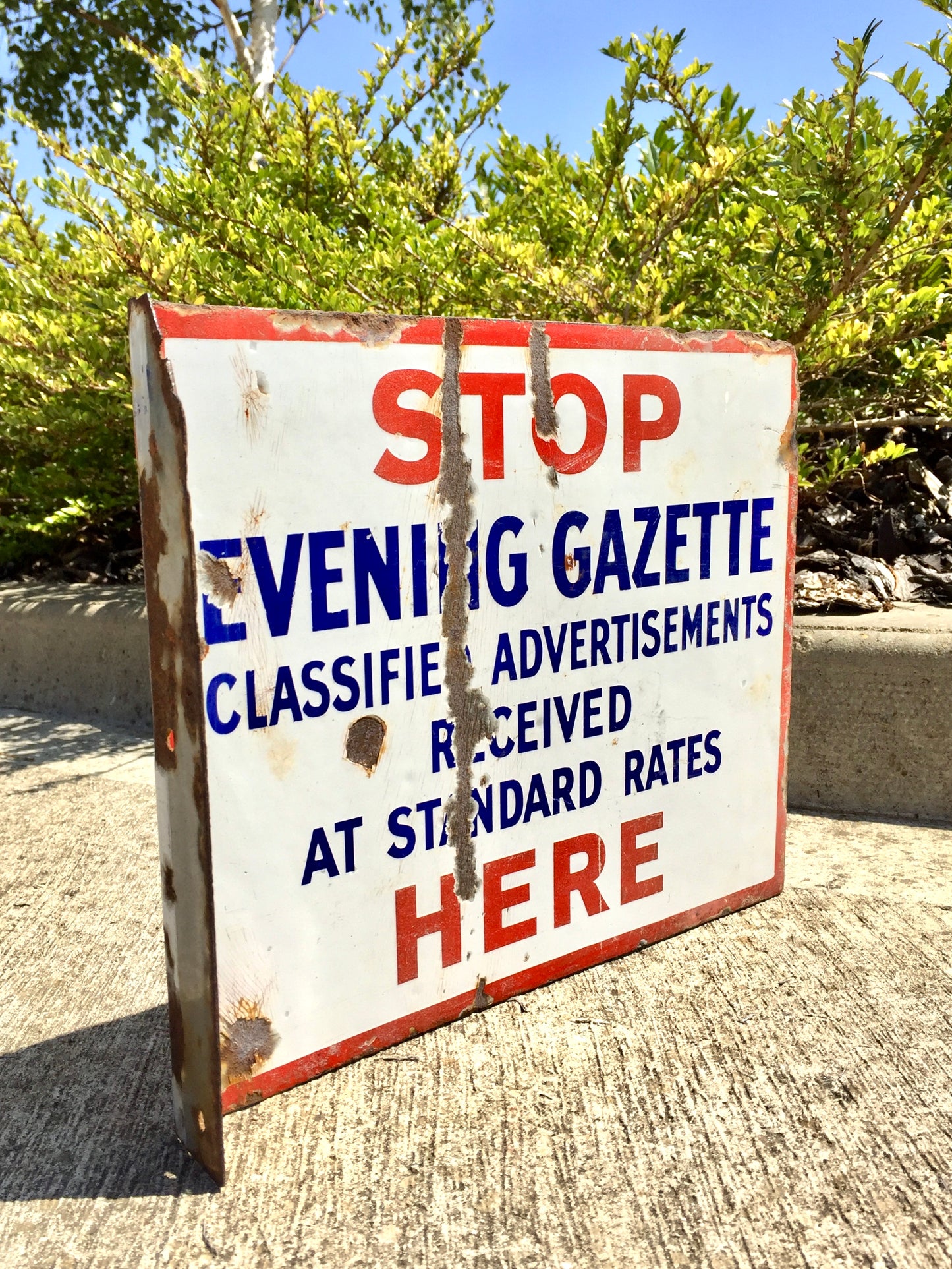 Antique Advertising - Evening Gazette Newsagents Double Sided Enamel Wall Sign