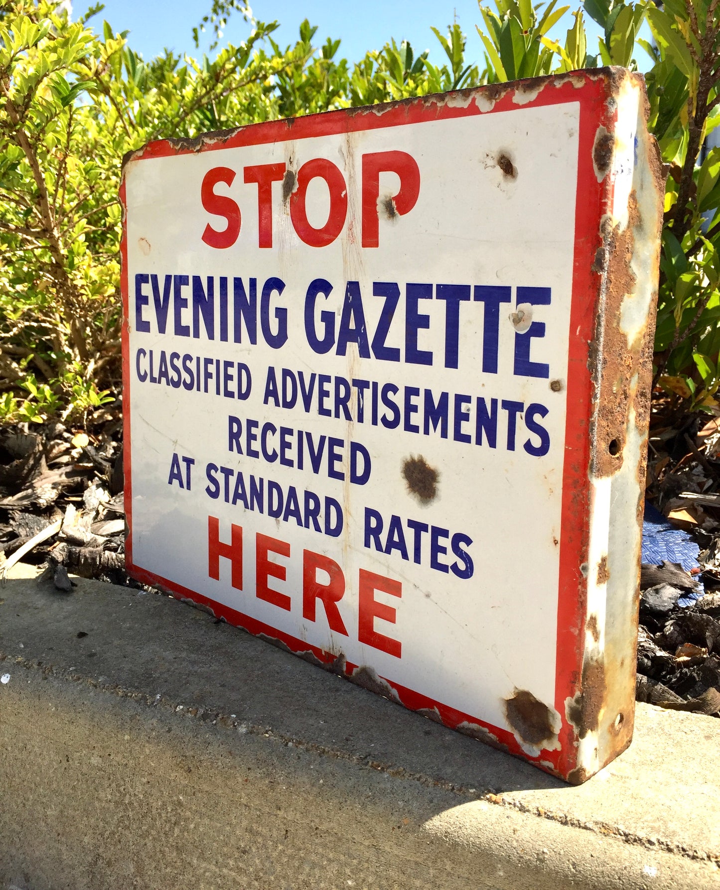 Antique Advertising - Evening Gazette Newsagents Double Sided Enamel Wall Sign