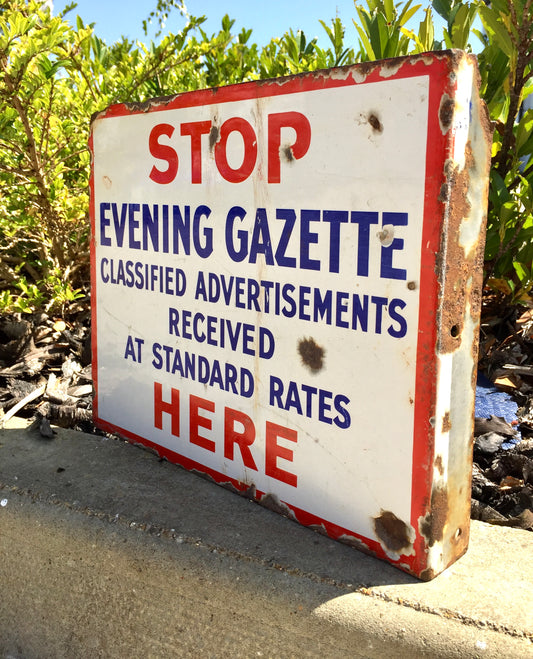 Antique Advertising - Evening Gazette Newsagents Double Sided Enamel Wall Sign