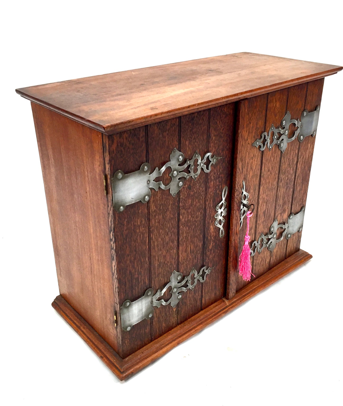 Antique Wooden Oak Arts & Crafts Storage Cabinet / Desktop Box with Key c.1920