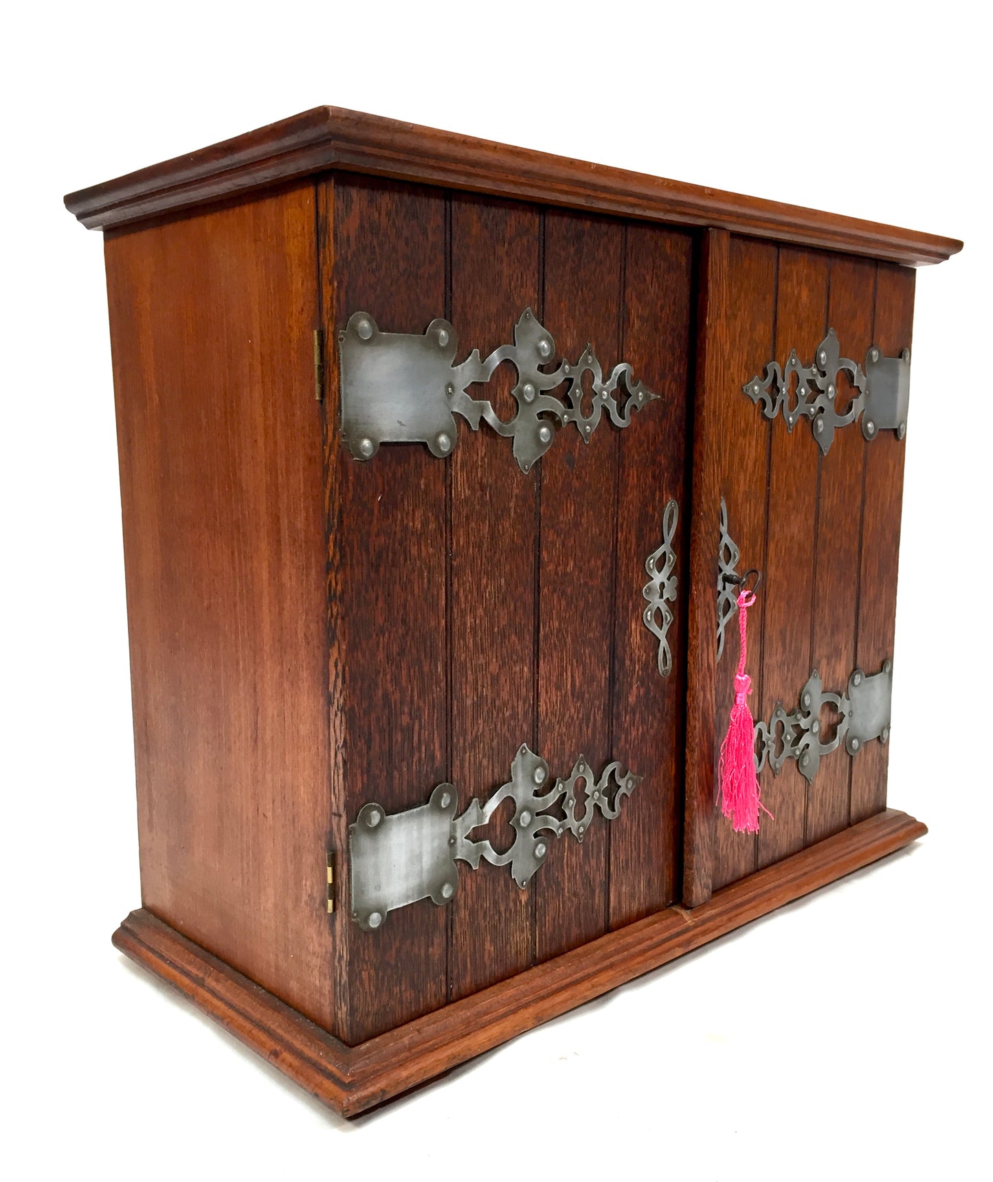 Antique Wooden Oak Arts & Crafts Storage Cabinet / Desktop Box with Key c.1920