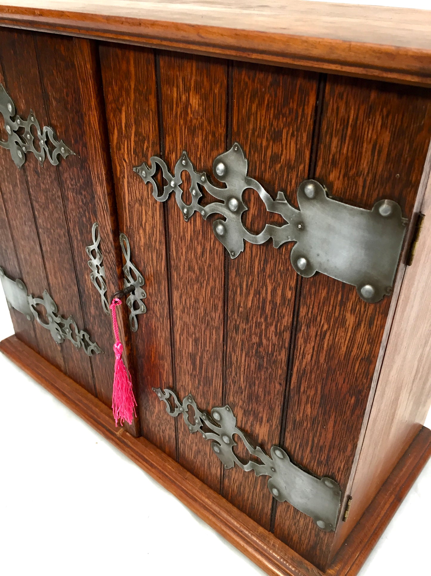 Antique Wooden Oak Arts & Crafts Storage Cabinet / Desktop Box with Key c.1920