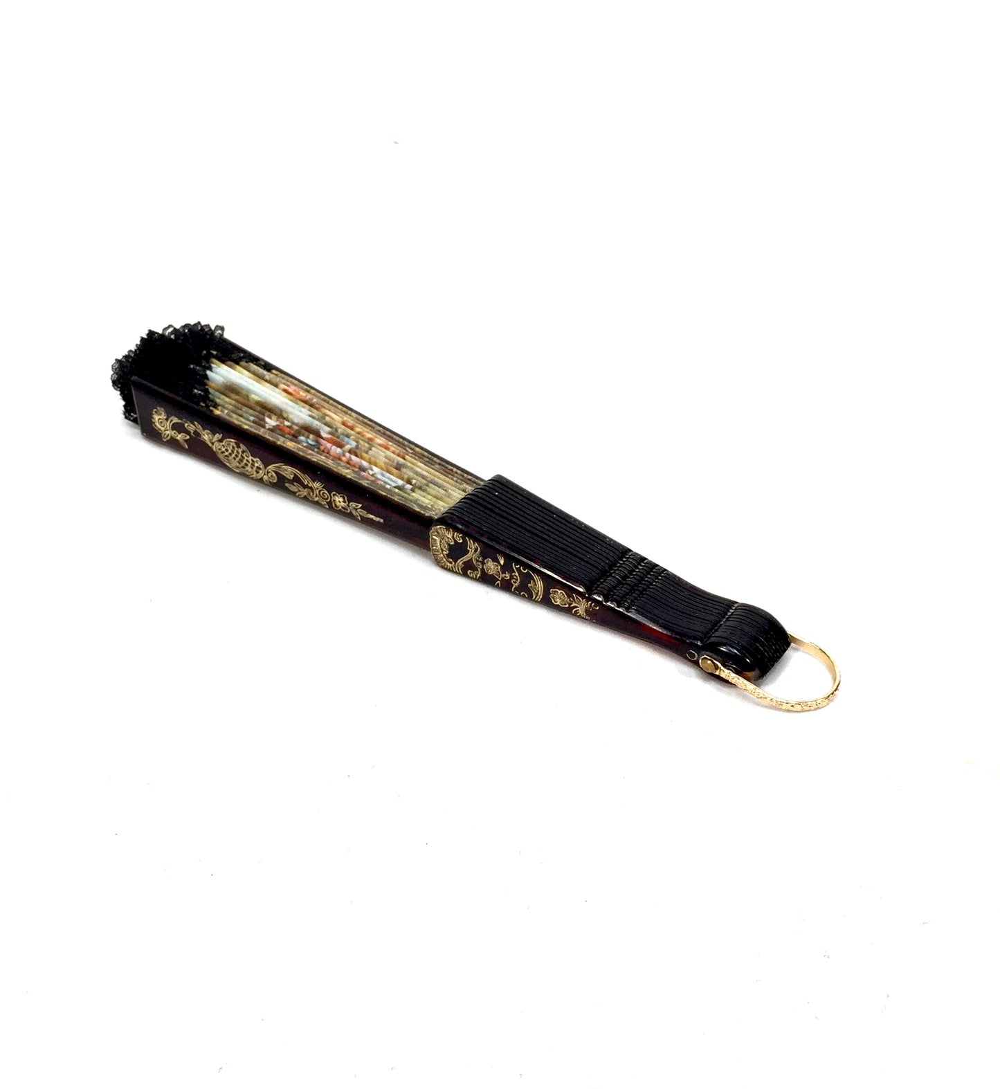 Vintage Ladies Foldable Bag Hand Fan / Black & gold with Victorian Style Scene