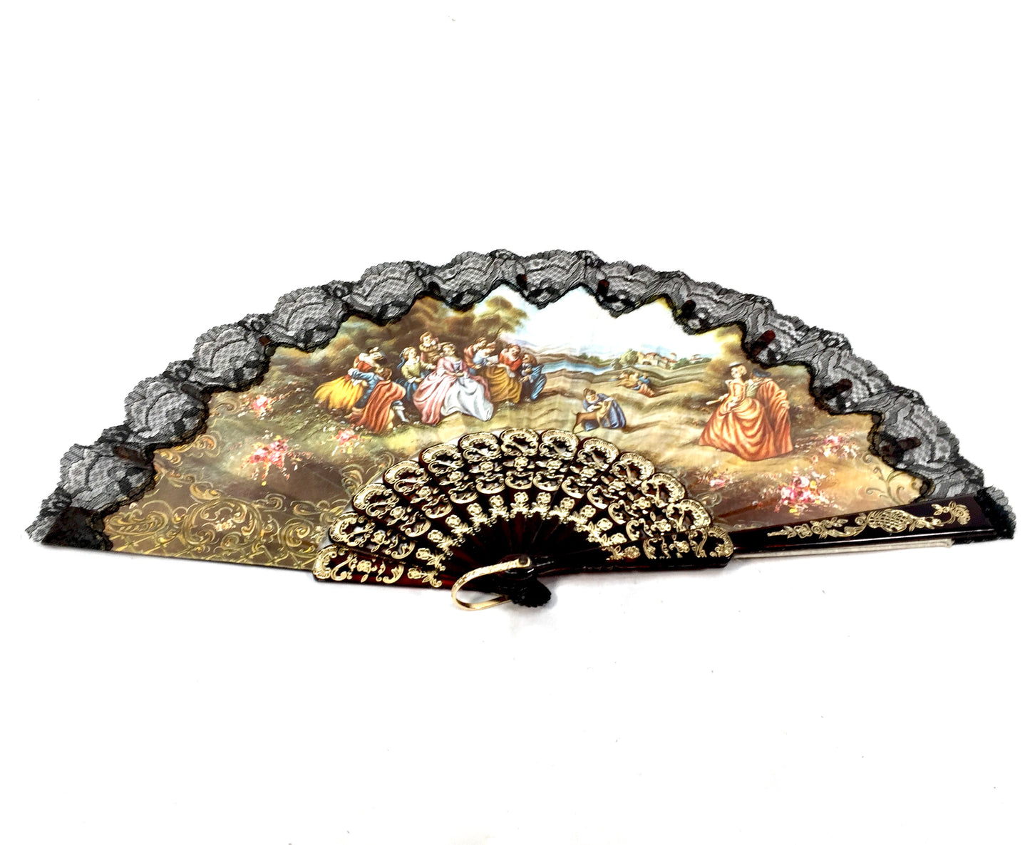 Vintage Ladies Foldable Bag Hand Fan / Black & gold with Victorian Style Scene