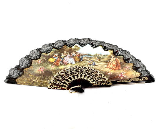 Vintage Ladies Foldable Bag Hand Fan / Black & gold with Victorian Style Scene