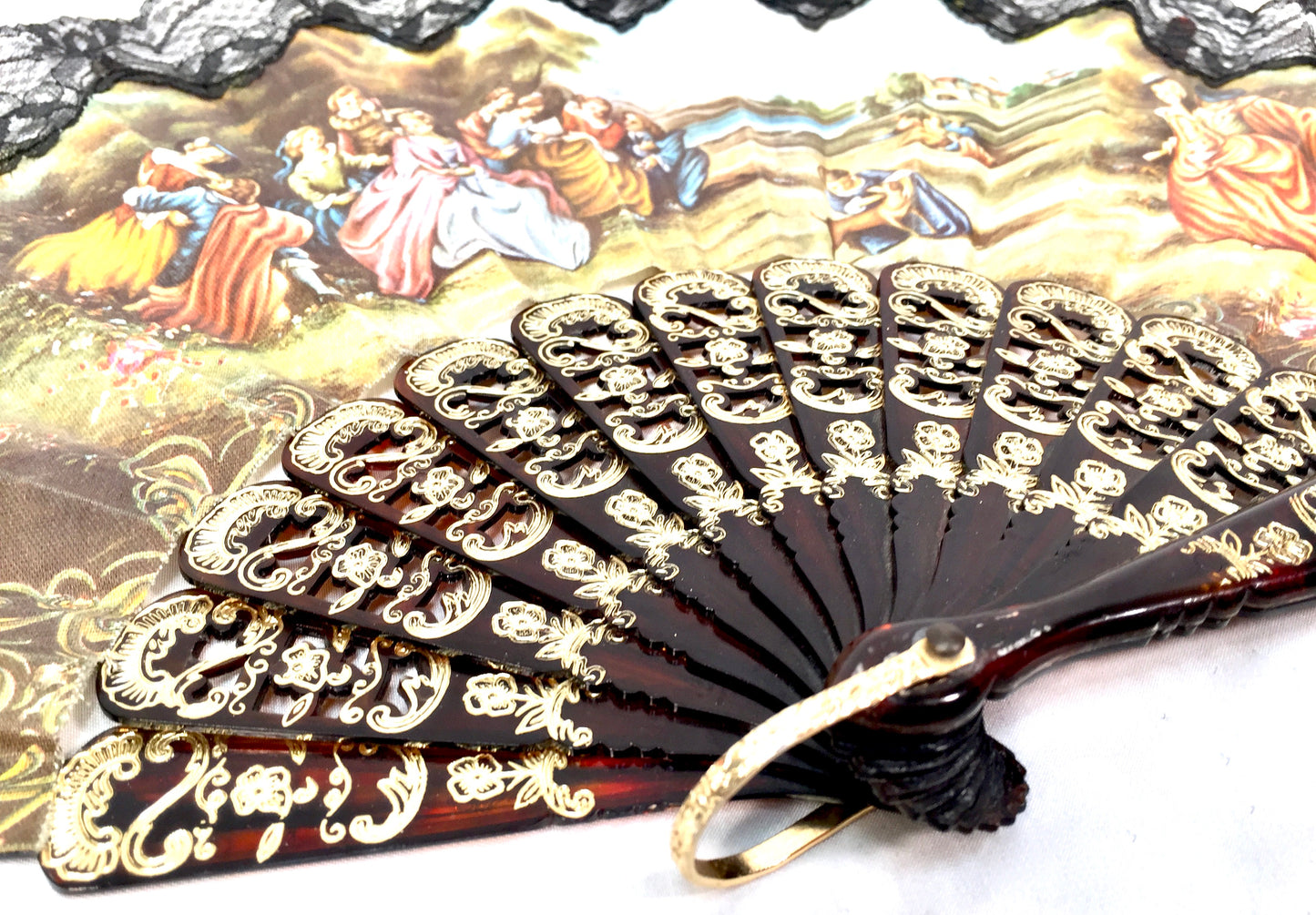 Vintage Ladies Foldable Bag Hand Fan / Black & gold with Victorian Style Scene