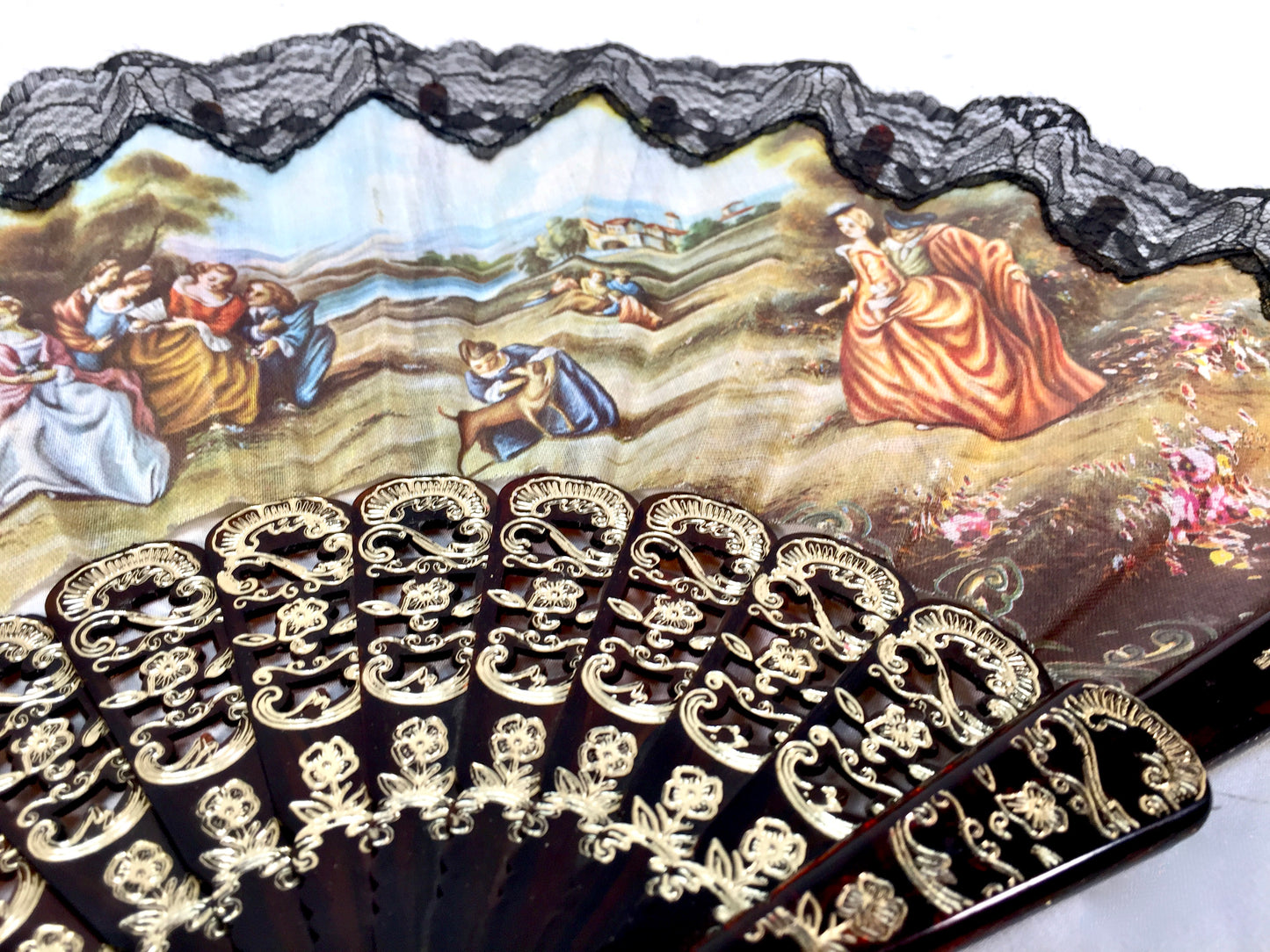Vintage Ladies Foldable Bag Hand Fan / Black & gold with Victorian Style Scene