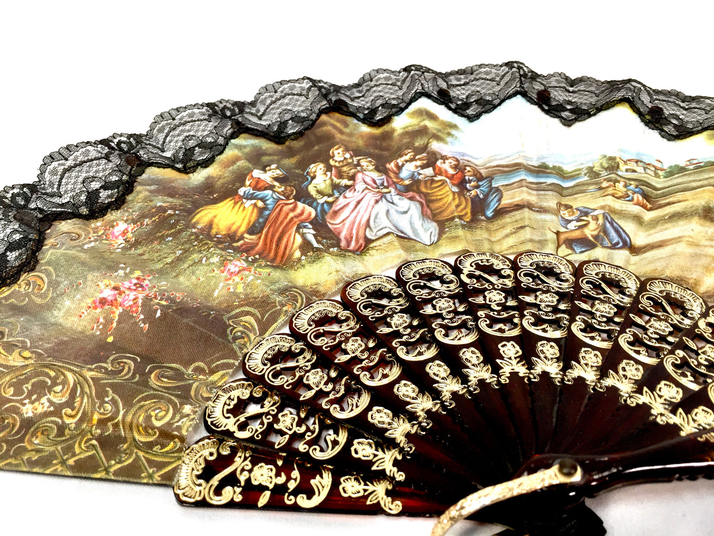 Vintage Ladies Foldable Bag Hand Fan / Black & gold with Victorian Style Scene