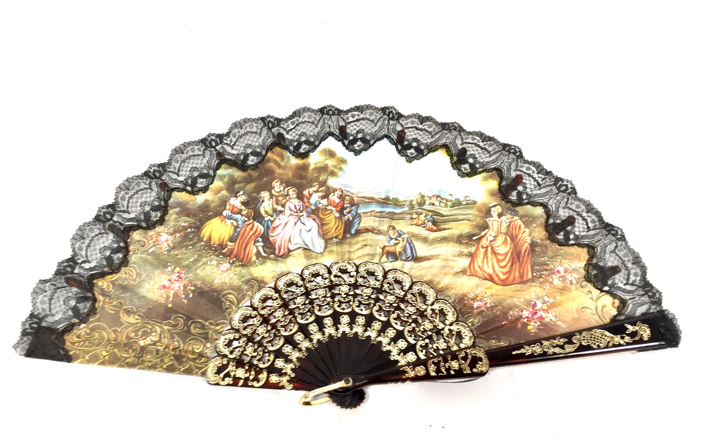 Vintage Ladies Foldable Bag Hand Fan / Black & gold with Victorian Style Scene