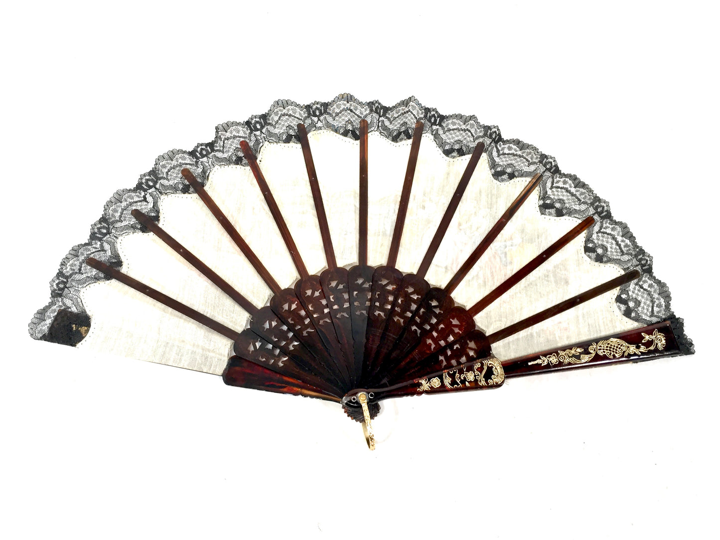 Vintage Ladies Foldable Bag Hand Fan / Black & gold with Victorian Style Scene