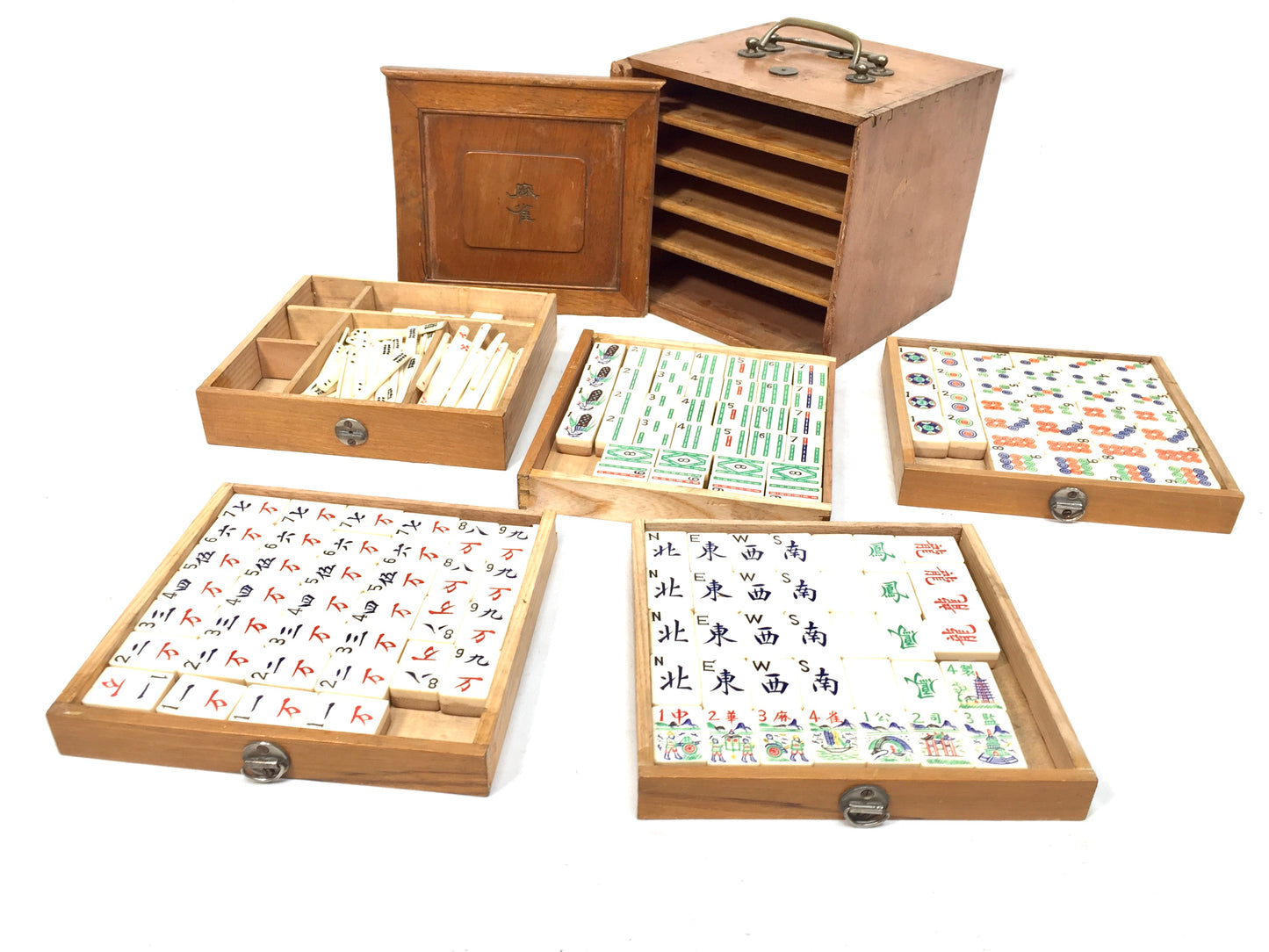 Antique Mahjong Game in Box / Bone & Bamboo Tiles / Mah Jong Game / Complete