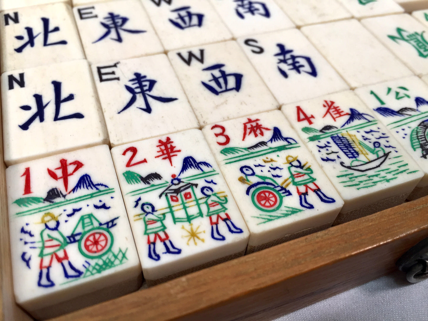 Antique Mahjong Game in Box / Bone & Bamboo Tiles / Mah Jong Game / Complete