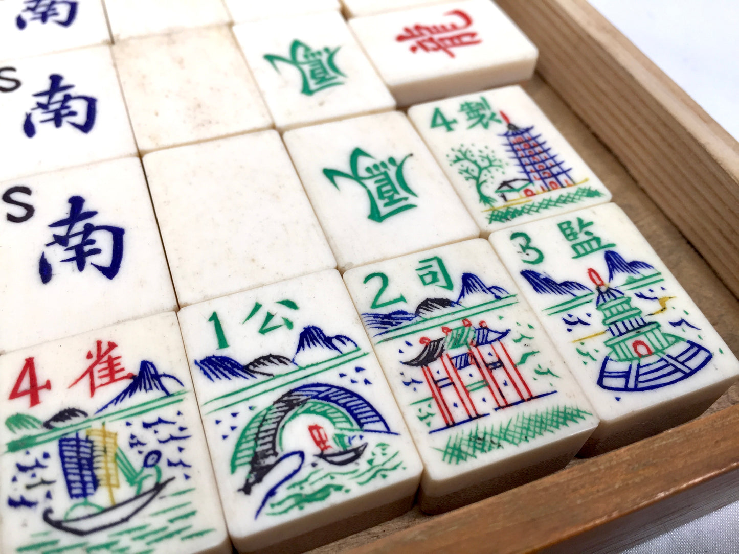 Antique Mahjong Game in Box / Bone & Bamboo Tiles / Mah Jong Game / Complete