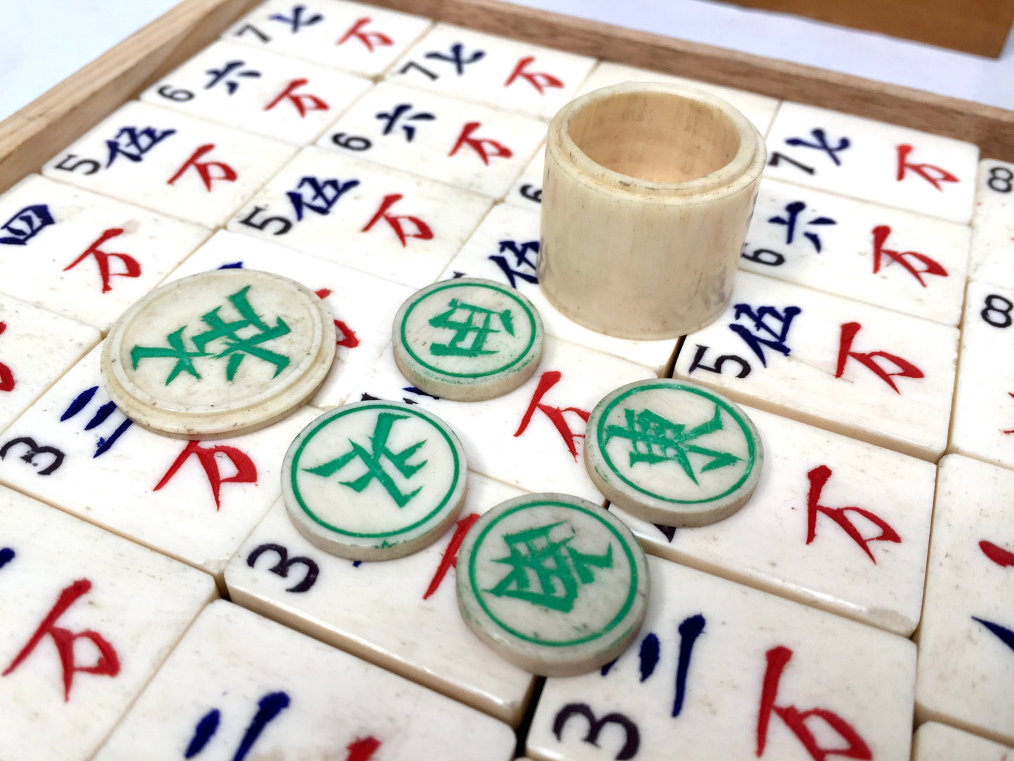 Antique Mahjong Game in Box / Bone & Bamboo Tiles / Mah Jong Game / Complete
