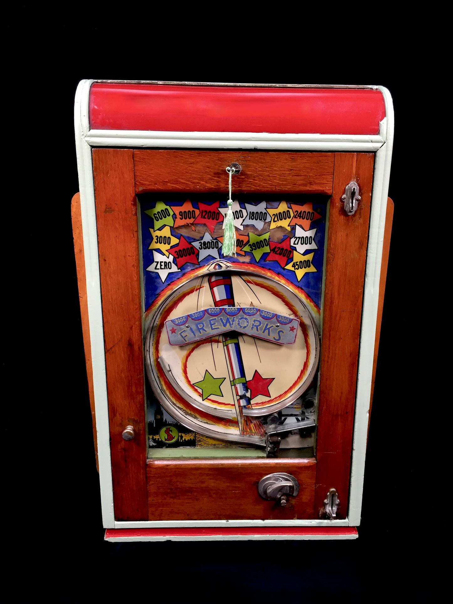 Antique Stevenson & Lovett Arcade Coin Operated Penny Machine Fireworks Working