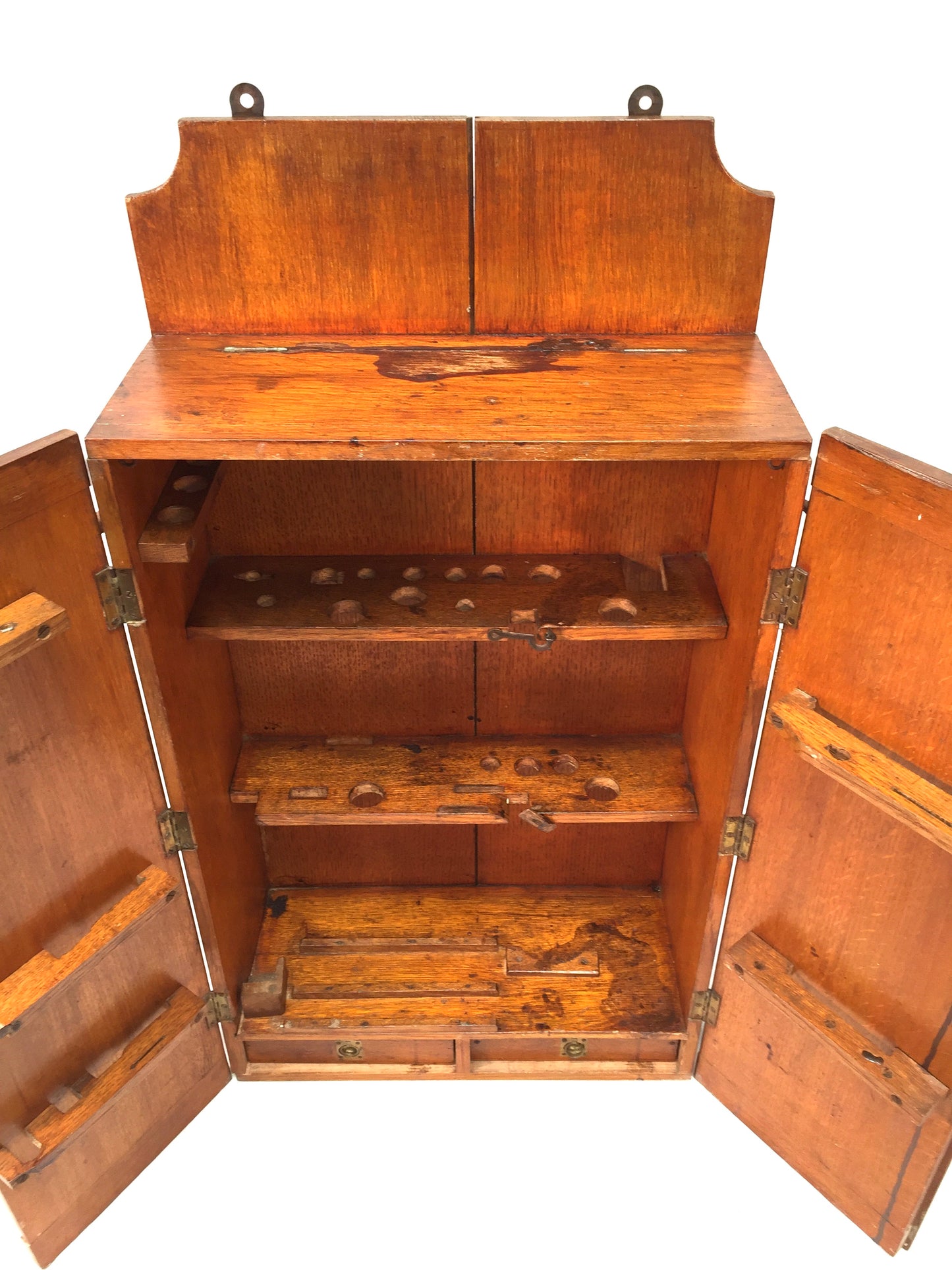 Antique Wooden Large Tool Cupboard Cabinet, Wall Hanging / Army and Navy Store