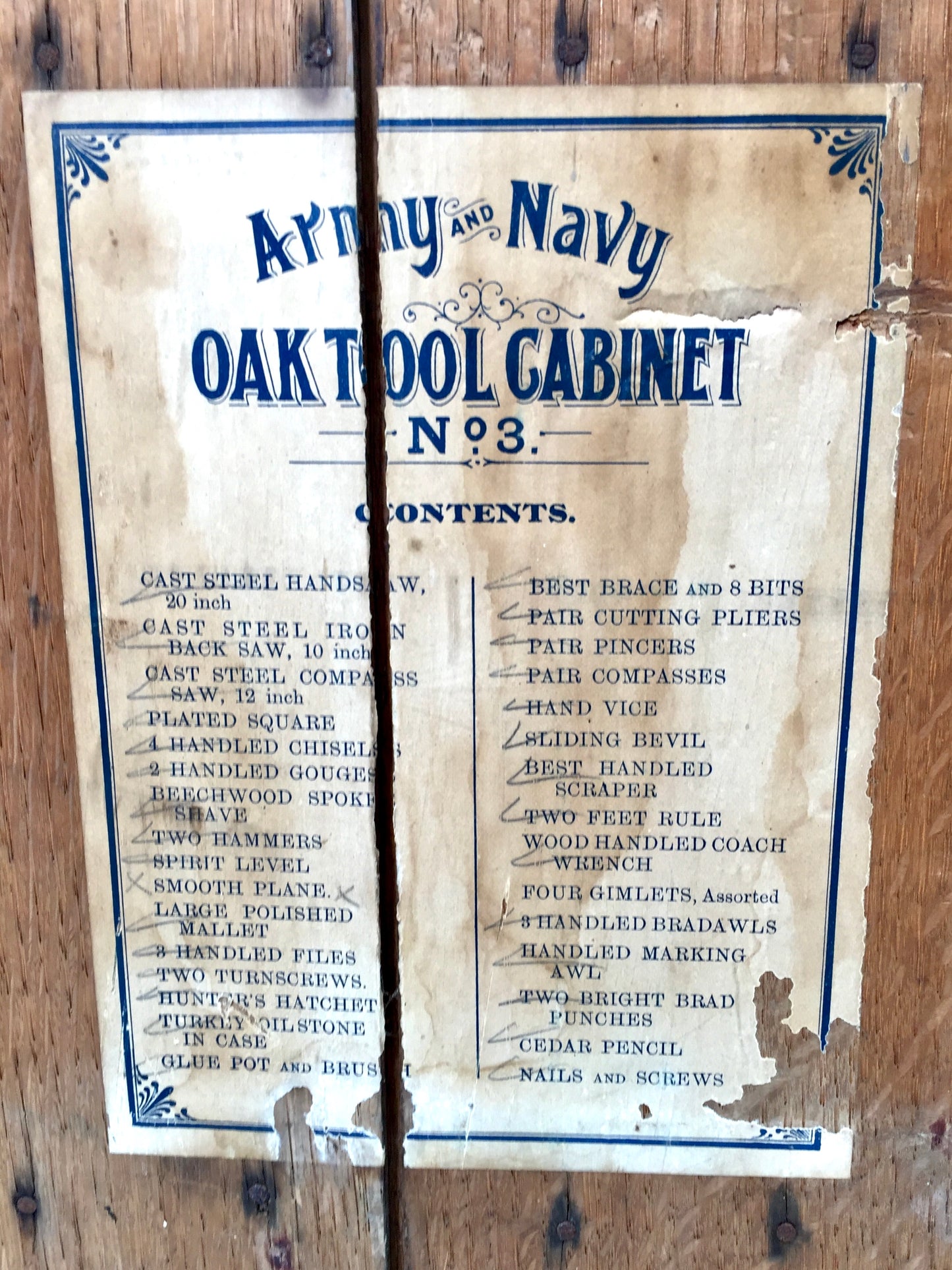 Antique Wooden Large Tool Cupboard Cabinet, Wall Hanging / Army and Navy Store