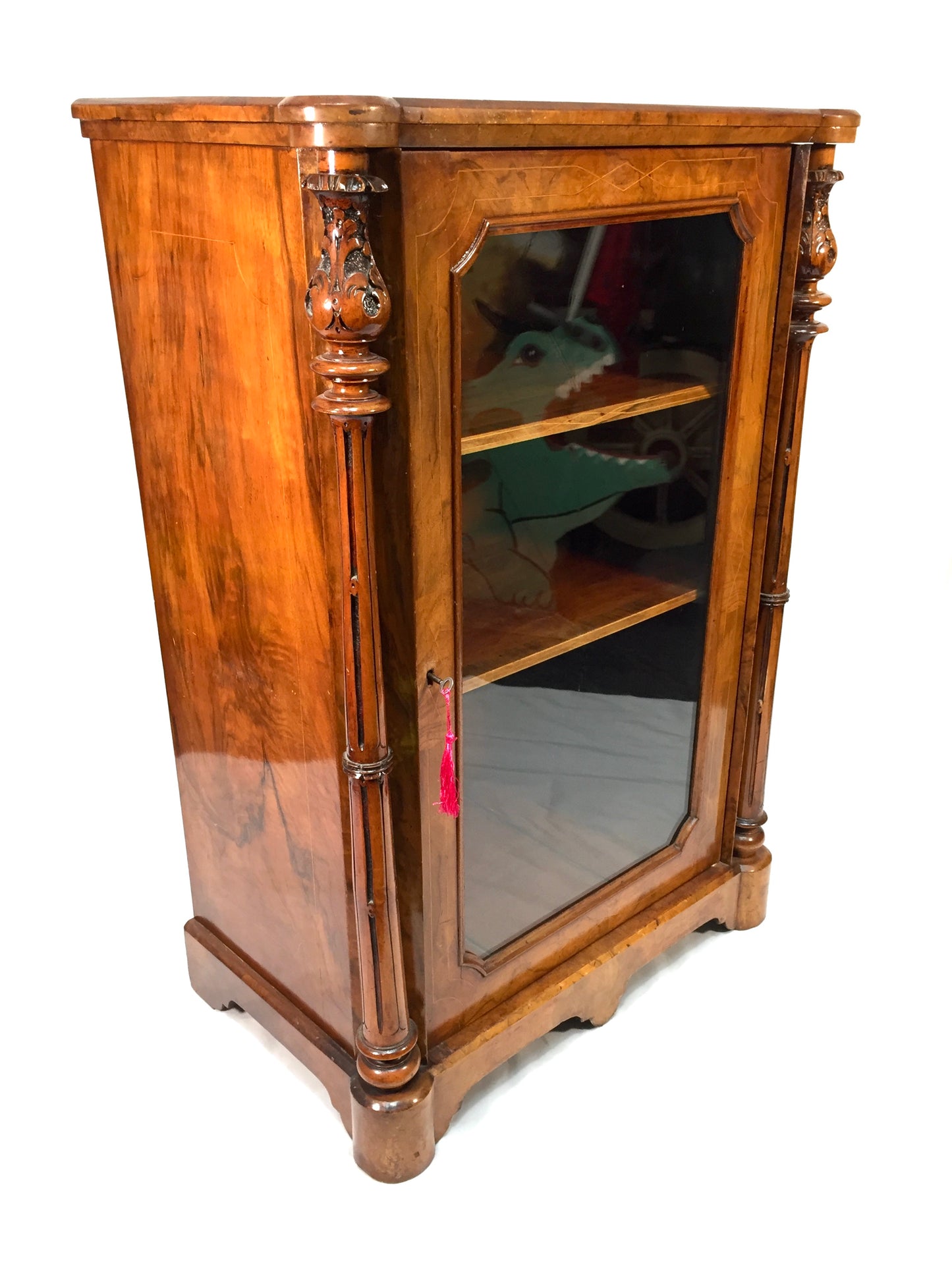 Antique Victorian Burr Walnut Inlaid Music Sheet Display Cabinet with Key c.1880