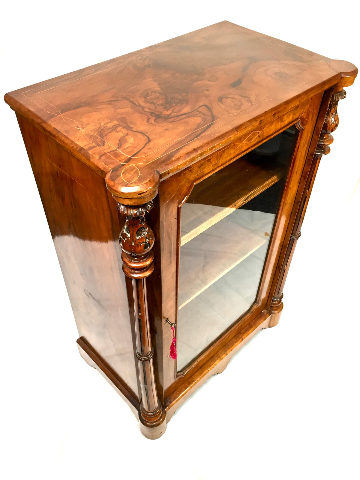 Antique Victorian Burr Walnut Inlaid Music Sheet Display Cabinet with Key c.1880