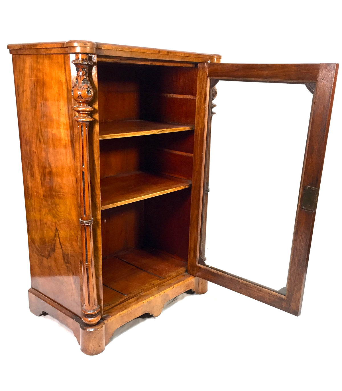 Antique Victorian Burr Walnut Inlaid Music Sheet Display Cabinet with Key c.1880
