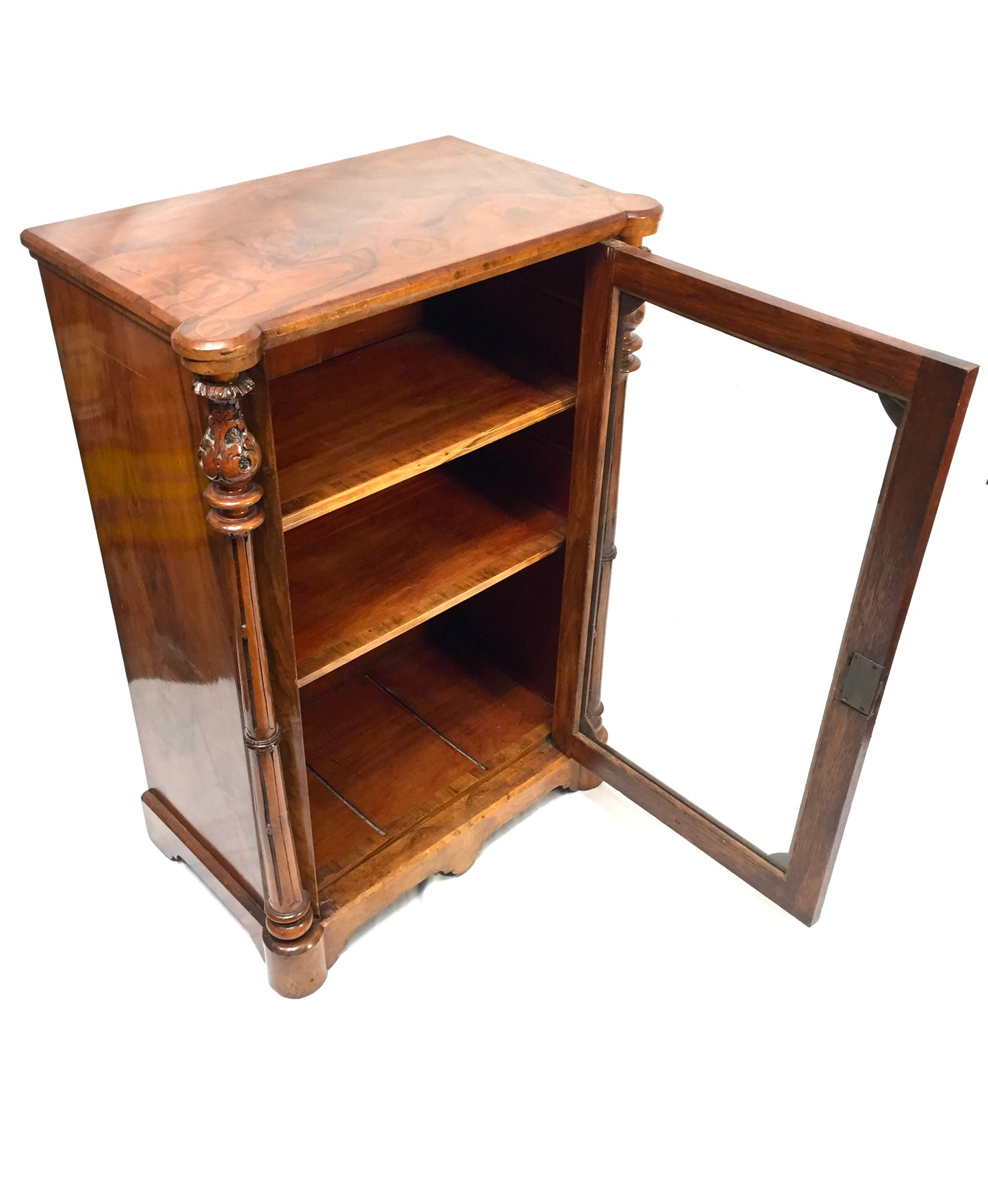 Antique Victorian Burr Walnut Inlaid Music Sheet Display Cabinet with Key c.1880