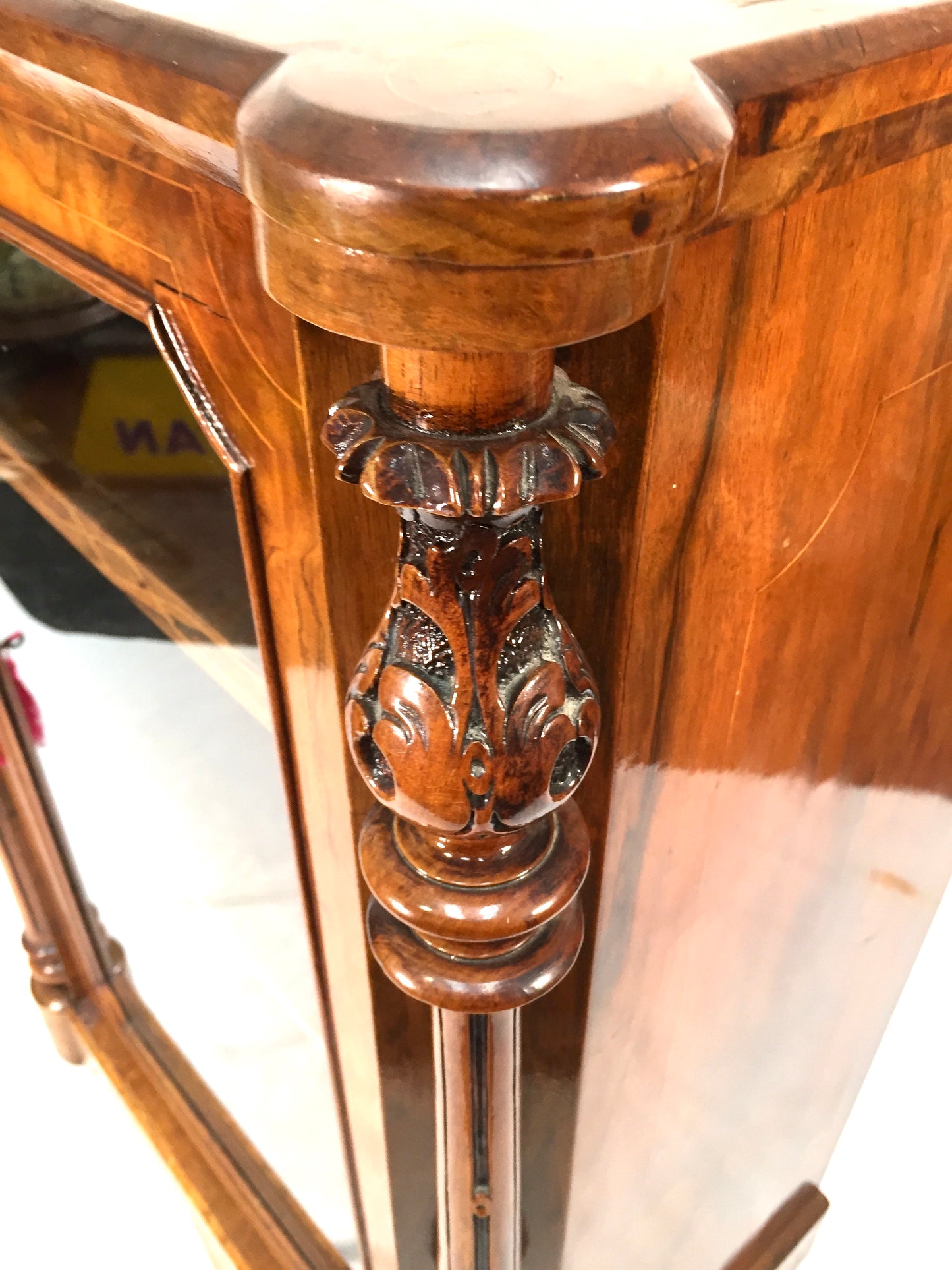 Antique Victorian Burr Walnut Inlaid Music Sheet Display Cabinet with Key c.1880