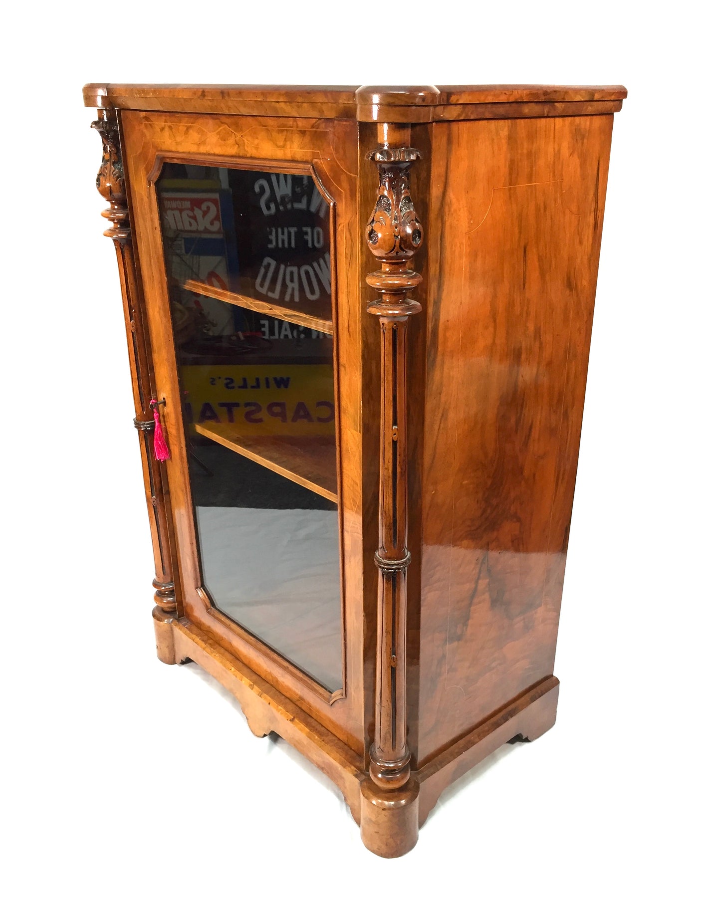 Antique Victorian Burr Walnut Inlaid Music Sheet Display Cabinet with Key c.1880