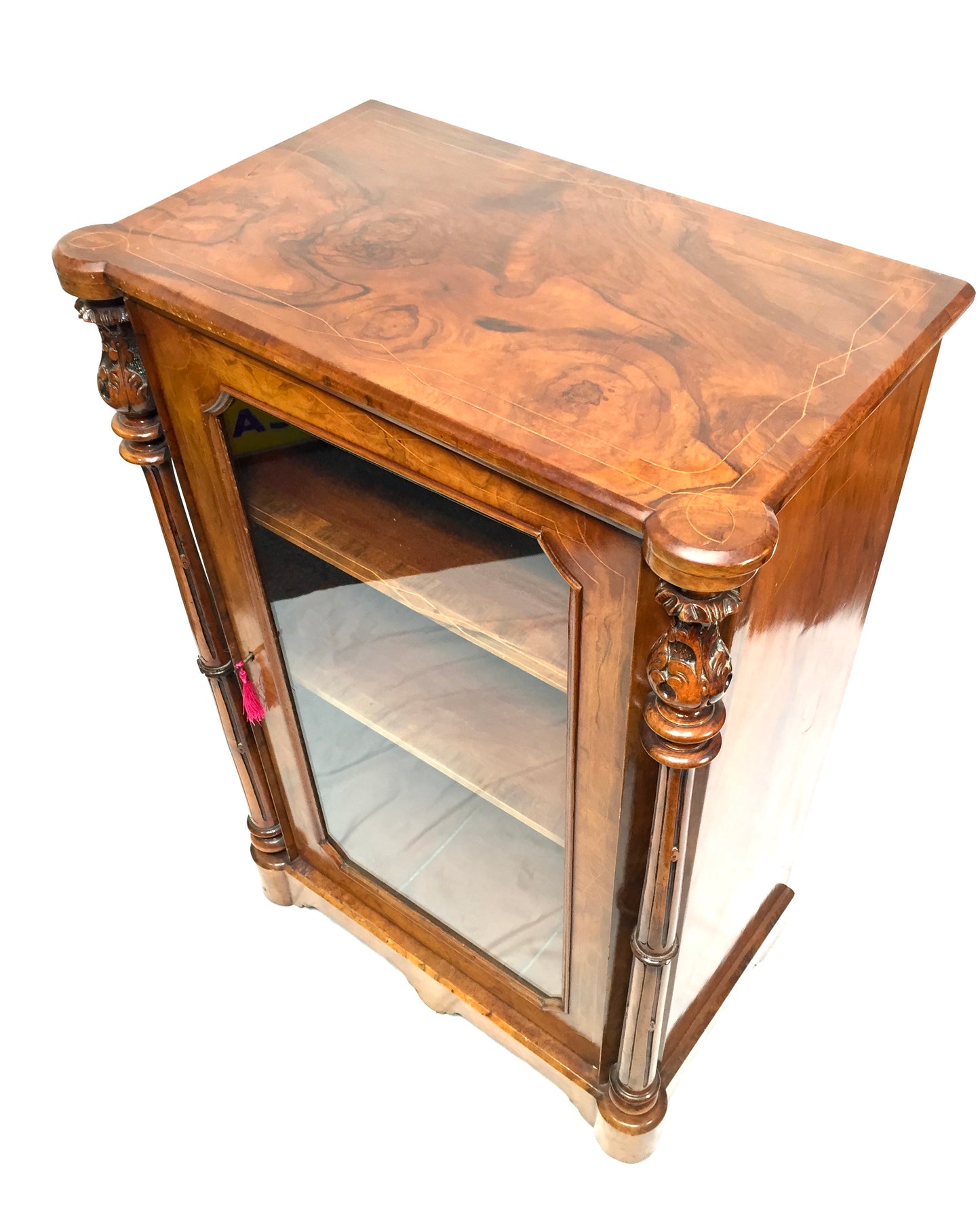 Antique Victorian Burr Walnut Inlaid Music Sheet Display Cabinet with Key c.1880