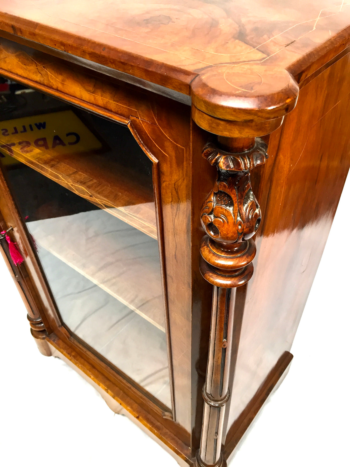 Antique Victorian Burr Walnut Inlaid Music Sheet Display Cabinet with Key c.1880