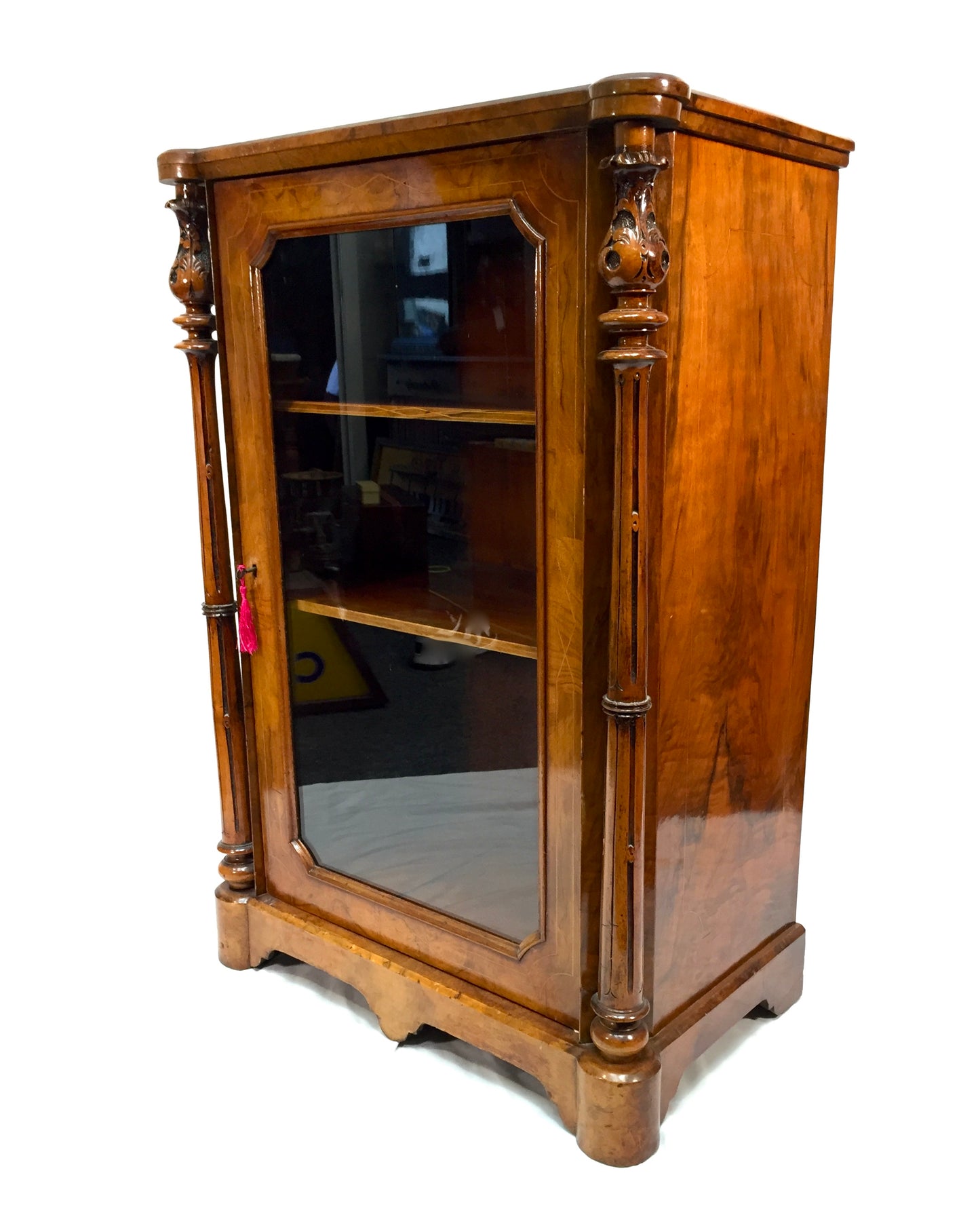 Antique Victorian Burr Walnut Inlaid Music Sheet Display Cabinet with Key c.1880