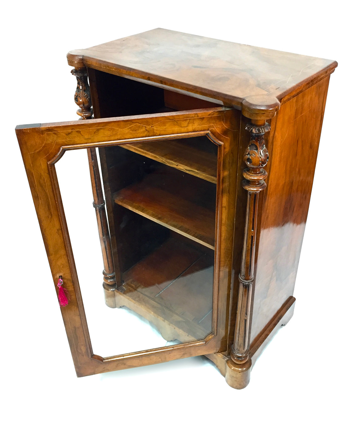 Antique Victorian Burr Walnut Inlaid Music Sheet Display Cabinet with Key c.1880