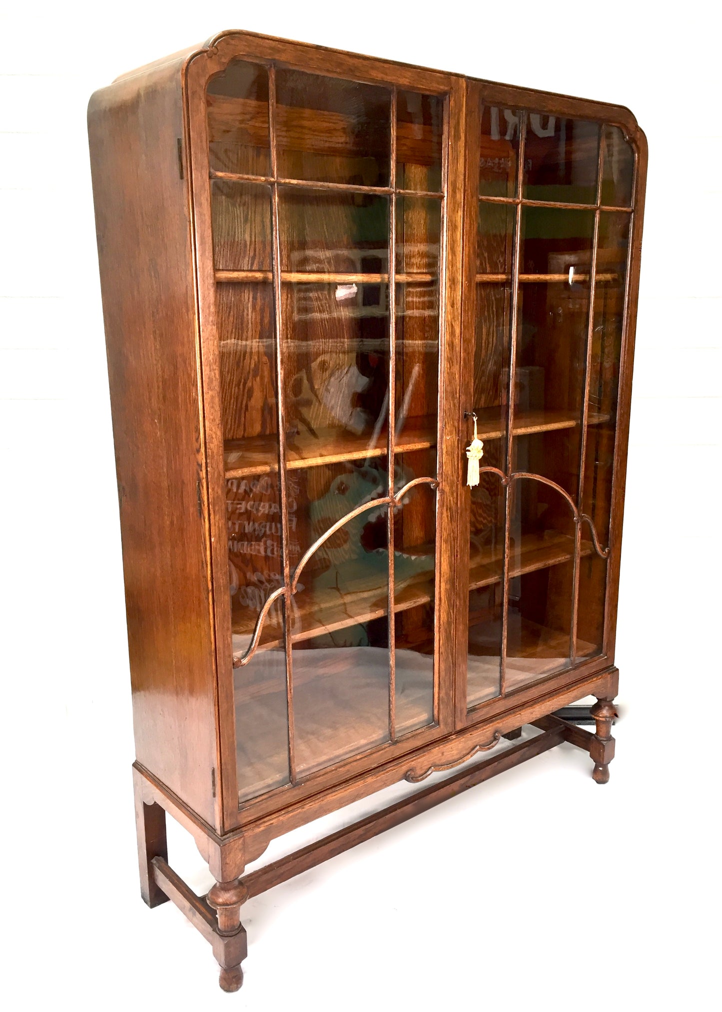 Antique Art Deco 1930s Oak Wooden Display Bookcase Cabinet Glazed Doors & Key