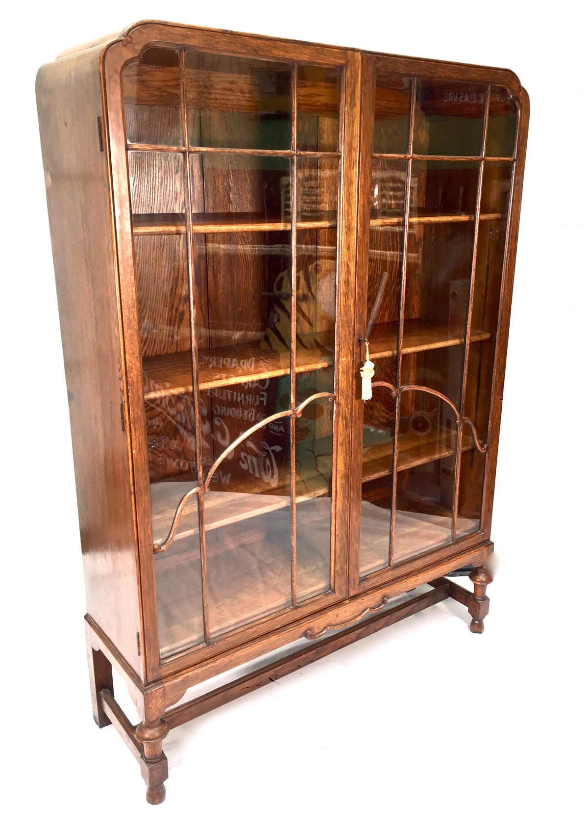 Antique Art Deco 1930s Oak Wooden Display Bookcase Cabinet Glazed Doors & Key