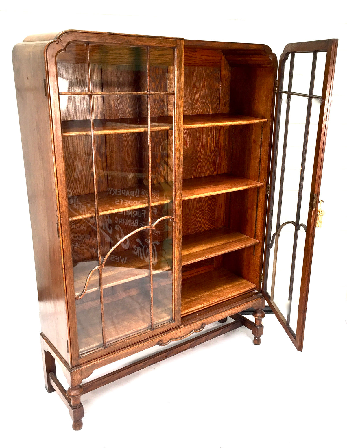 Antique Art Deco 1930s Oak Wooden Display Bookcase Cabinet Glazed Doors & Key
