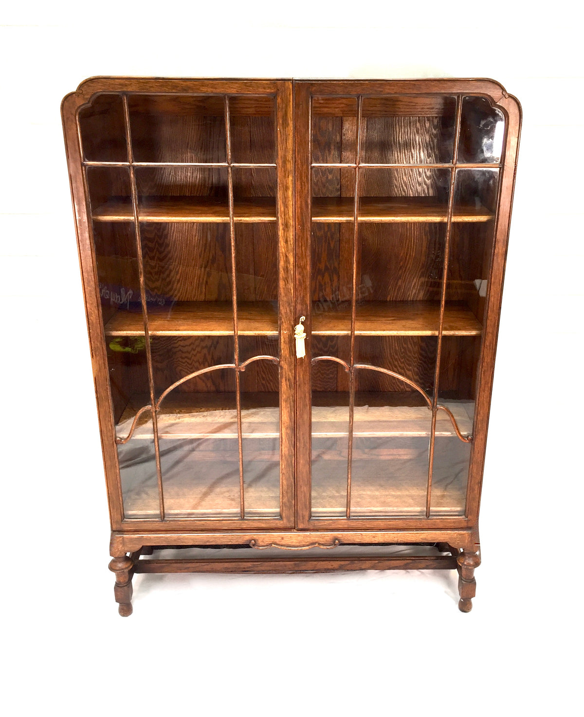 Antique Art Deco 1930s Oak Wooden Display Bookcase Cabinet Glazed Doors & Key