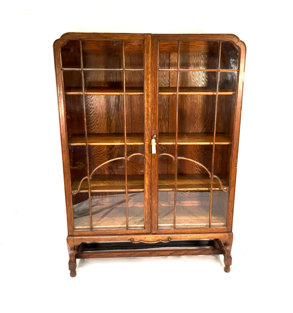 Antique Art Deco 1930s Oak Wooden Display Bookcase Cabinet Glazed Doors & Key