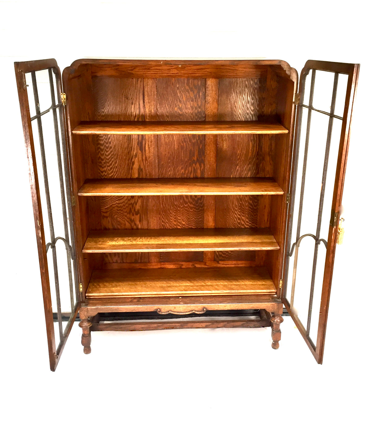 Antique Art Deco 1930s Oak Wooden Display Bookcase Cabinet Glazed Doors & Key