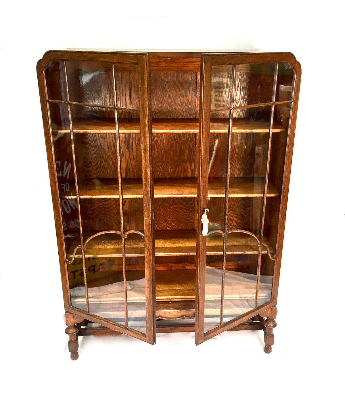 Antique Art Deco 1930s Oak Wooden Display Bookcase Cabinet Glazed Doors & Key