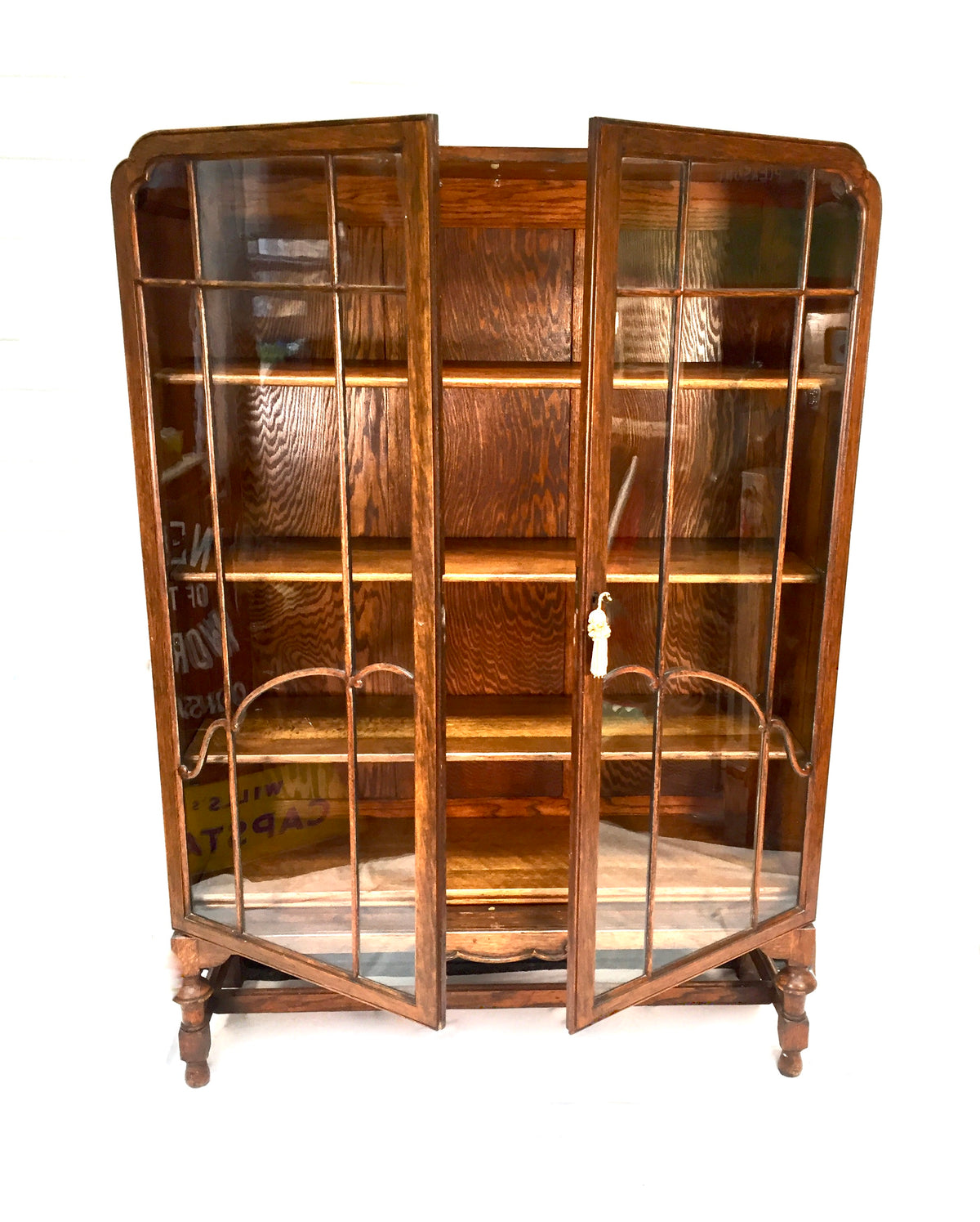 Antique Art Deco 1930s Oak Wooden Display Bookcase Cabinet Glazed Doors & Key